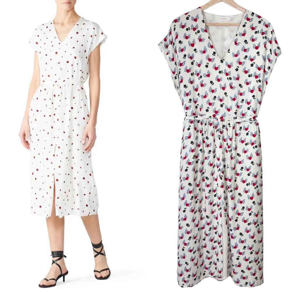 Chinti & Parker Ana Midi Dress Flying Hearts Novelty Silk | White Ivory‎ | SZ 6